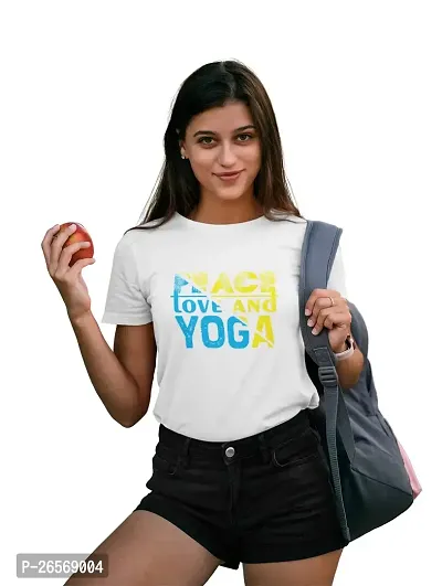 Bhakti SELECTION Peace, Love and Yoga Text in Blue and Yellow-White-Yoga Themed Printed Round Neck Half Sleeve Tshirts for Yoga Lover People