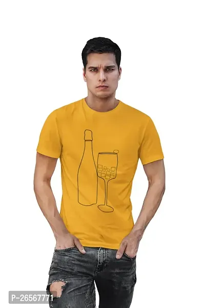 Bhakti SELECTION Wine Bottle - (Yellow) Printed line Art Themed Based Cotton Half Sleeve Round Neck Tshirts for Men