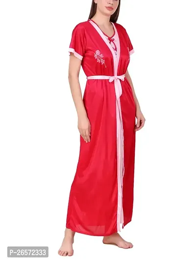 Bhakti SELECTION Red  Pink Satin Nighty with Night Robe for Womens Ladies, Set of 2-thumb3