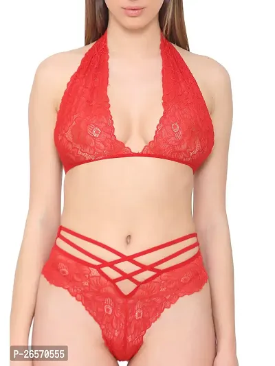 Bhakti SELECTION Red Women Neck Cross Style Lace Bra Panty Lingerie Set-thumb3