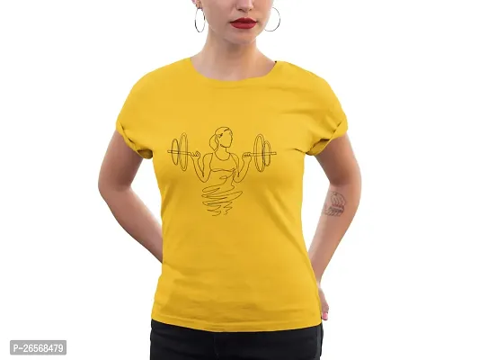 Bhakti SELECTION Gym -(Yellow) Printed line Art Themed Based Cotton Half Sleeve Round Neck Tshirts for Women-thumb3