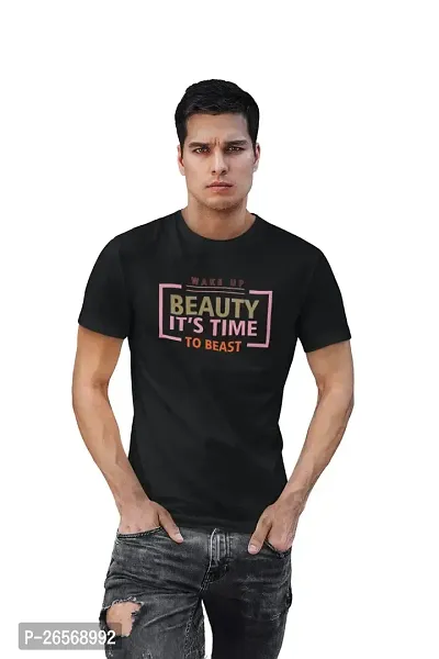 Bhakti SELECTION Wake Up, Beauty Its Time to Beast,Round Neck Black Gym Tshirt for Men
