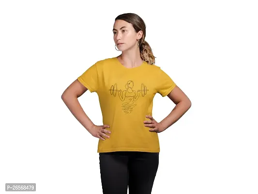 Bhakti SELECTION Gym -(Yellow) Printed line Art Themed Based Cotton Half Sleeve Round Neck Tshirts for Women