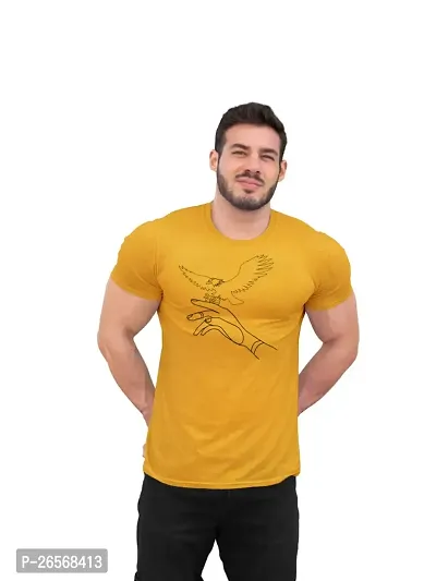 Bhakti SELECTION Eagle - (Yellow) Printed line Art Themed Based Cotton Half Sleeve Round Neck Tshirts for Men