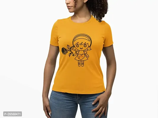 Bhakti SELECTION Rose Girl -(Yellow) Printed line Art Themed Based Cotton Half Sleeve Round Neck Tshirts for Women
