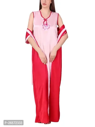 Bhakti SELECTION Red  Pink Satin Nighty with Night Robe for Womens Ladies, Set of 2