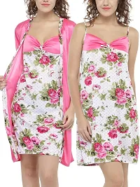 Bhakti SELECTION Pink Half Floral Night Robe With Night For Ladies Womens, 2 Pieces-thumb3