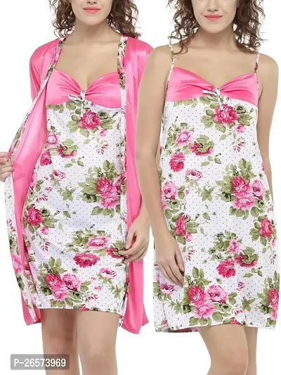 Bhakti SELECTION Pink Half Floral Night Robe With Night For Ladies Womens, 2 Pieces-thumb4