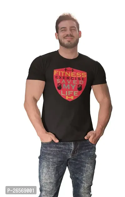 Bhakti SELECTION Fitness, Exercise Saved My Life, (BG Red Shield), Round Neck Black Gym Tshirt for Men