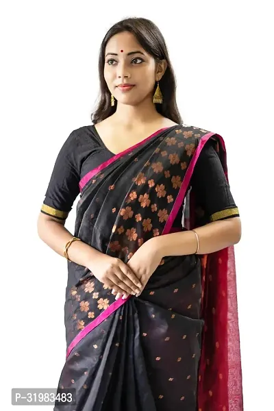 Stylish Black Cotton Silk Saree With Blouse Piece For Women-thumb2