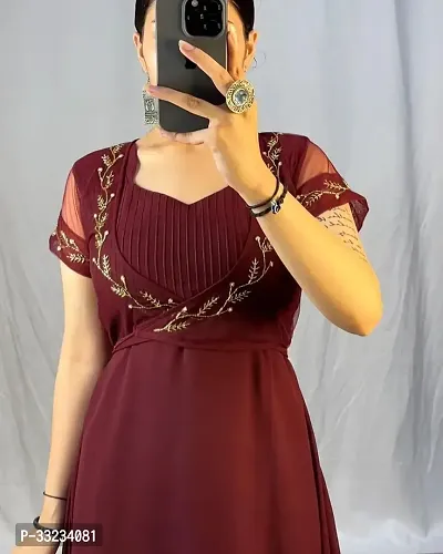 Stylish Maroon Georgette Ethnic Gown With Koti For Women-thumb4