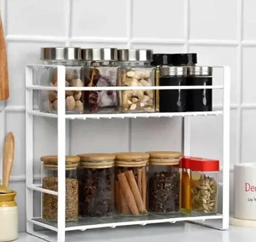 Metal 2-Tier Kitchen Organizer Spice Rack Kitchen Cabinets Storage Racks | Bartan Stand | Jars and Bottle Holder | Storage Rack For Kitchen - White