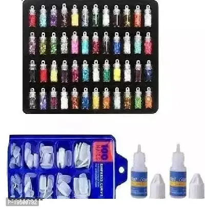Professional Quality Nails Art kit of 3D Nails Art Glitter Stones Shimmers 48 Bottles with 100pcs Nails Extension and 2pc Nails Glue (4 items in the set)