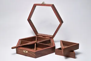 Handicrafts Hexagonal Wooden Spice Box with 6 Containers-thumb3