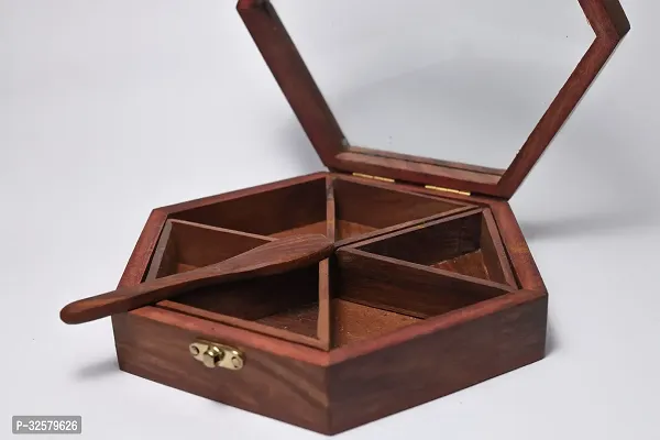 Handicrafts Hexagonal Wooden Spice Box with 6 Containers-thumb2