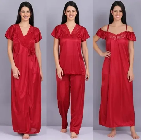 Siami Apparels Solid Satin 4 Piece Nightwear Set (1 Robe, 1 Nighty, 1 Top, 1 Pyjama) for Women | Attractive Stylish (Free Size, MEHROON)