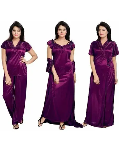 4 Pc women nighty Womens Satin Solid Maxi Nighty