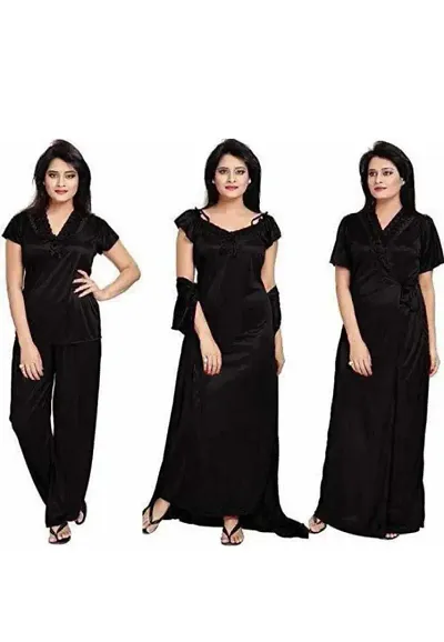 Beautiful 4 PCS Set Satin Maxi Night Dress Night Suits Nighty for Women (MX_Dress_Model_40)