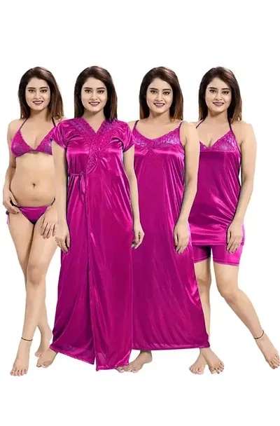 Siami Apparels Solid Satin Piece Nightwear Set (1 Robe, 1 Nighty, 1 Top, 1 Shorts, 1 Lingerie Set) for Women | Comfy Stylish (Free Size, Rani)