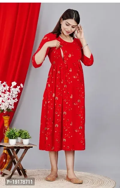 Elegant Red Printed Rayon Maternity Kurta For Women-thumb3