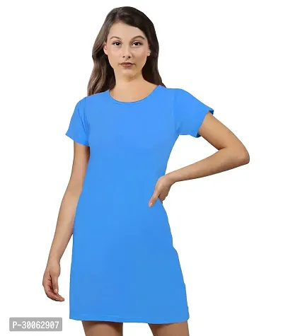 Stylish Blue Cotton Blend Solid T-shirt Dress For Women-thumb0