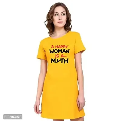 Stylish Yellow Cotton Blend Printed T-shirt Dress For Women-thumb0