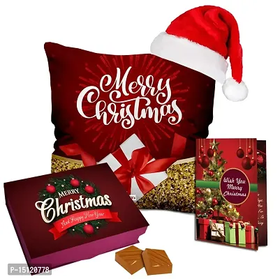 Midiron Merry Xmas Chocolate Gift Hamper|Christmas Gift Combo|Festival Gifting Item|New Year  Xmas Combo Pack with Handmade Chocolate Box,Santa Cap,Greeting Card with Printed Cushion