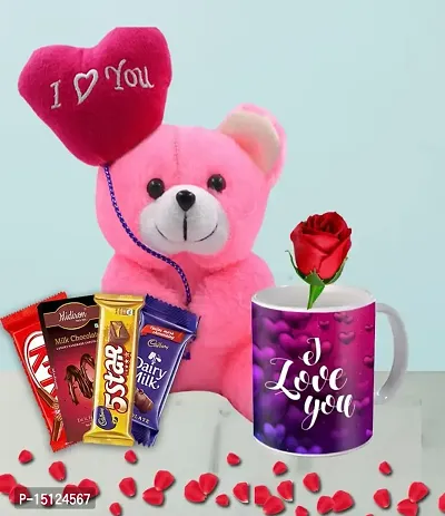 Midiron Beautiful Romantic Gift Set For Wife/Mother/Girlfriend |Valentines Gifts For Lover With Chocolate Bars, Soft Teddy, Printed Mug  Artificial Rose | Anniversary Hamper Gift