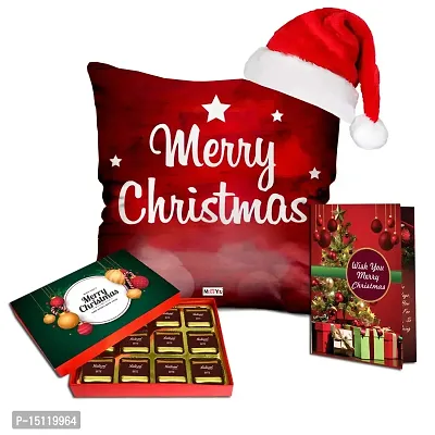 Midiron Christmas Gift Hamper-Christmas  New Year Combo Gift |Festival Gift Item|Xmas Hamper with Handmade Chocolate, Printed Cushion, Santa Claus Cap  Greeting Card