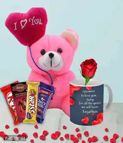 Midiron Romantic Gift for Girlfriend/Wife/Husband/Boyfriend |Anniversary Love Gift Combo | Valentines Love Gift with -Chocolate Bars, Soft Teddy, Printed Mug  Artificial Rose