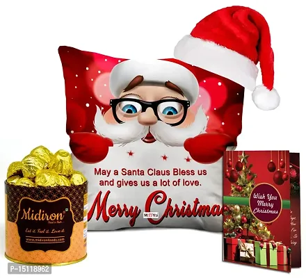 Midiron Christmas Chocolate Gift|Xmas Party Hamper|Festive D?cor Combo|Christmas Handmade Chocolate Tin Box,Santa Cap,Greeting Card  Printed Cushion for Gifting-thumb0