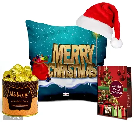 Midiron Lovely Gift Combo for Christams, New Year|Baeutiful Gift Combo for Chirstmas|Handmade Chocolate Tin Box,Santa Cap,Greeting Card  Printed Cushion for Friends  Relative