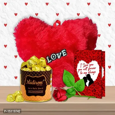 Midiron Handmade Valentines Gift Hamper| Romantic Gifts Combo for Couple |Gift for Wife/Husband with Chocolate Tin Box, Heart Cushion, Rose  Greeting Card