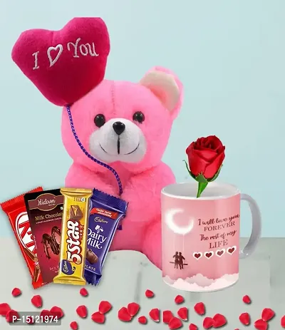 Midiron Love Combo Gift |Chocolate Gifts for Love |Anniversary Hamper Gift |Romantic Valentines Chocolate Gifts with Soft Teddy, Printed Ceramic Coffee Mug  Artificial Red Rose