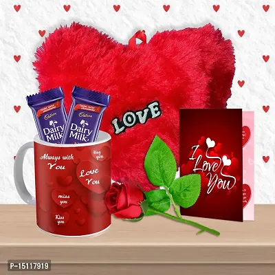 Midiron Lovely Romantic Gift For Wife/Women/ Girlfriend | Valentine Day Gift | Romantic Gift Hamper With Chocolate Bars, Heart Cushion, Printed Mug, Rose  Greeting Card