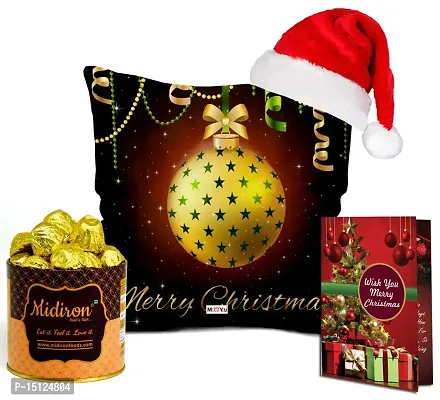 Midiron Lovely Gift Hamper for Christmas |Christmas Gift Combo| Christmas chocolates Pack|Festive Hamper for New Year|Handmade Chocolate Tin Box,Santa Cap,Greeting Card  Printed Cushion