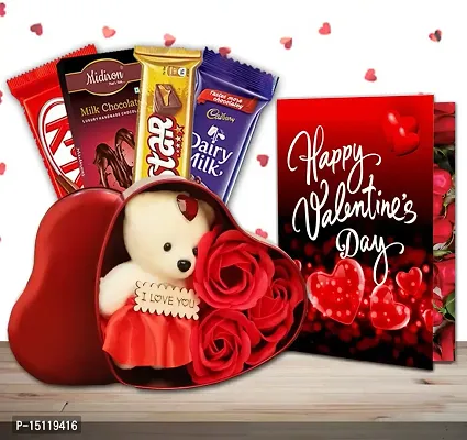 Midiron Anniversary Combo Gift | Romantic Gift for Girlfriend/Boyfriend/Husband/Wife | Valentines Gift Combo with Chocolate Bars, Red Heart Shape Tin Box with Small Teddy  Love Greeting Card