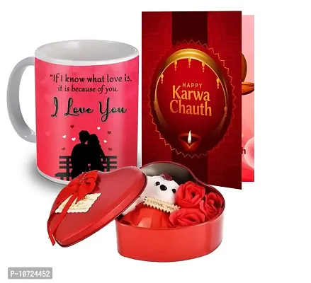 ME & YOU Beautiful Gift for Karwachauth, Stylish Gifts for Karwa Chauth, Printed Mug with Greeting Card & Heart Shape Teddy Gift Box with Artificial Rose for Wife/Men/Women-thumb0