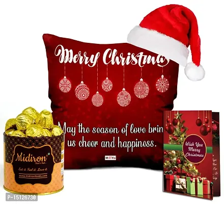 Midiron Merry Xmas Chocolate Gift Hamper|Christmas Gift Combo|Festival Gifting Item|New Year  Xmas Combo Pack with Handmade Chocolate Tin Box,Santa Cap,Greeting Card  Printed Cushion