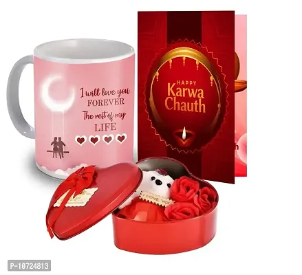 ME & YOU Karwa Chauth Present for Wife/Women/ Girlfriend | Karwachauth Gift Box with Artificial Rose & Teddy, Greeting Card, Printed Coffee Mug for Lovely Wife-thumb0