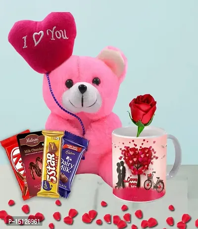 Midiron Anniversary Hamper Gift For Couple/Wife/Women/ Girlfriend | Valentines Gift With Chocolate Bars, Soft Teddy, Printed Ceramic Coffee Mug  Artificial Red Rose |Romantic Love Gift Combo