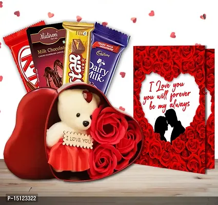 Midiron Gift for Anniversary | Romantic Gift for Wife/Girlfriend/Boyfriend/Husband | Valentines Day Gifts with Chocolate Bars, Red Heart Tin Box with Small Teddy  Love Card