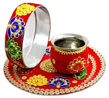 ME  YOU Karwa Chauth Thali Set | Decorative Karwa Chauth Thali with All item | Festival Karwa Chauth Thali | Pooja Thali | Lota/Kalash | Channi| Story Book | Calendar | Diya | Roli Akshat |Card (Golden Color)-thumb1