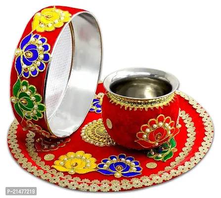 ME  YOU Karwa Chauth Thali Set | Decorative Karwa Chauth Thali with All item | Festival Karwa Chauth Thali | Pooja Thali | Lota/Kalash | Channi| Story Book | Calendar | Diya | Roli Akshat |Card (Golden Color)-thumb2