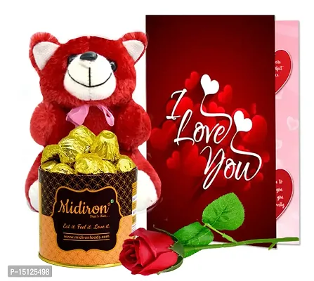 Midiron Handmade Romantic Gift Hamper|Valentines Love Gift for Couple |Gift for Wife/Girlfriend/Husband with Chocolate Tin Box, Red Teddy, Artificial Red Rose  Love Greeting Card