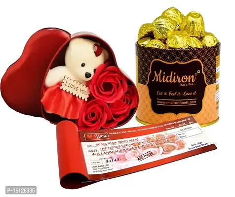 Midiron Romantic Gift For Wife/Women/ Girlfriend| Valentines Romantic Gift | Birthday Gifts With Chocolate Tin Box, Red Heart Tin Box with Small Teddy, artificial rose  Love Cheque Book