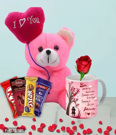 Midiron Romantic Gift |Love Combo Gift |Romantic Gift for Girlfriend/Wife|Anniversary Hamper Gift with Chocolate Bars, Soft Teddy, Printed Mug  Artificial Red Rose