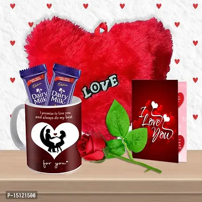 Midiron Lovely Gift For Wife/Women/ Girlfriend |Valentine Day Gift | Romantic Gift With Chocolate Bars, Heart Red Cushion, Printed Ceramic Mug , Artificial Rose  Greeting Card