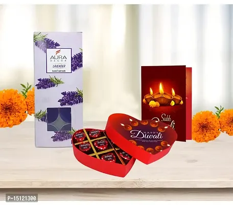 Midiron Heart Chocolate Gifts Pack for Diwali |Handmade Diwali Celebration|Diwali Gifts item|Festival Combo- Heart Chocolate Box, Greeting Card  Tealight Scented Lavender Fragrance Candle