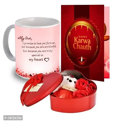 ME & YOU Unique Karva Chauth Gift Set for Wife, Girlfriend, Special One | Greeting Card, Printed Ceramic Coffee Mug, Tin Box with Teddy & Rose | Romantic Love Gift Pack